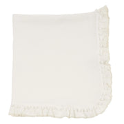 manta em algodão pompom off-white com babado plissado e detalhes delicados de mini pompons nas bordas, suave e elegante para o enxoval do bebê