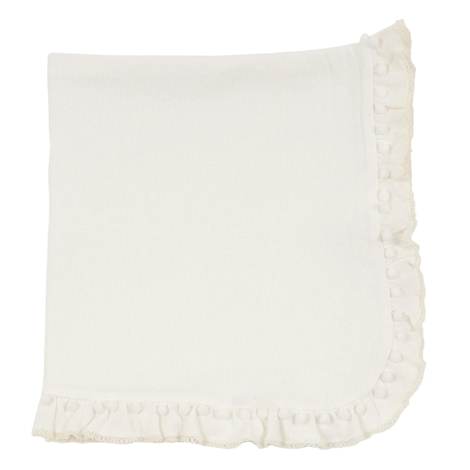 manta em algodão pompom off-white com babado plissado e detalhes delicados de mini pompons nas bordas, suave e elegante para o enxoval do bebê