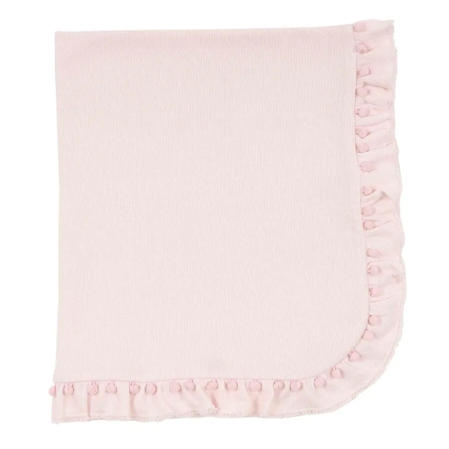 manta em algodão pompom rosa bebê com babado plissado e detalhes delicados de mini pompons nas bordas, suave e charmosa para o enxoval do bebê