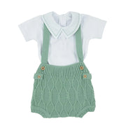 romper bento verde cidreira com tricot de losangos e body branco com bordado verde na gola polo