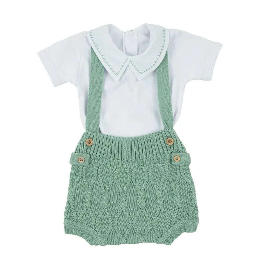 romper bento verde cidreira com tricot de losangos e body branco com bordado verde na gola polo