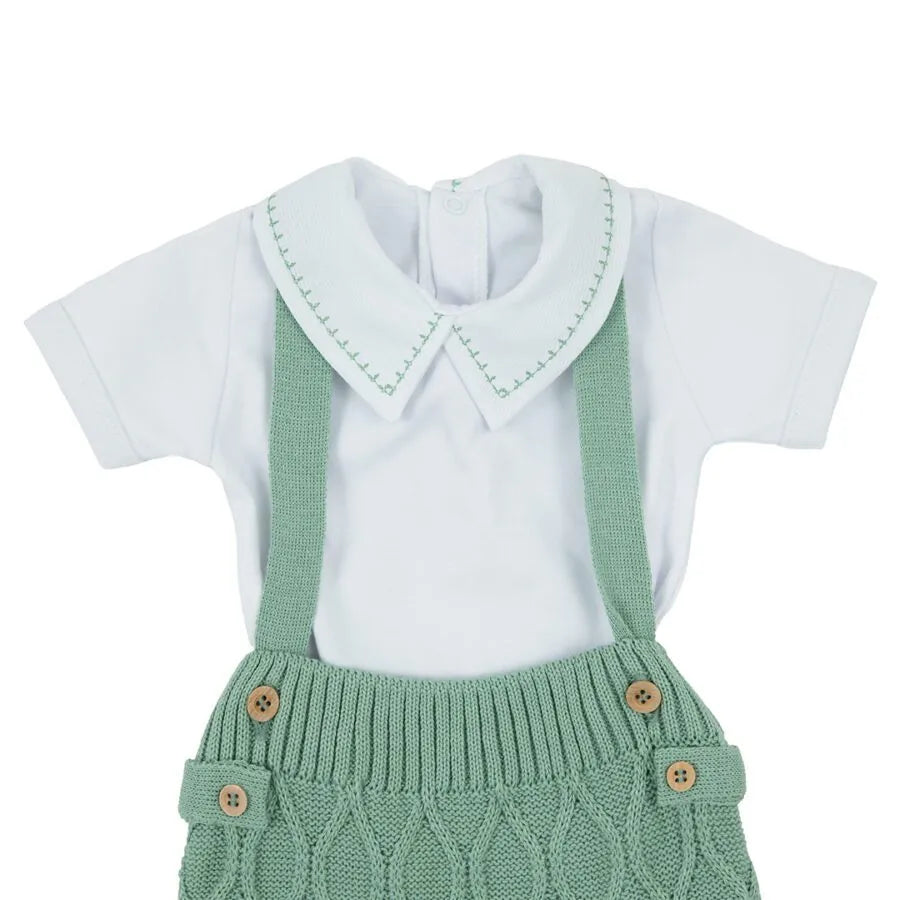 romper bento verde cidreira com tricot de losangos e body branco com bordado verde na gola polo