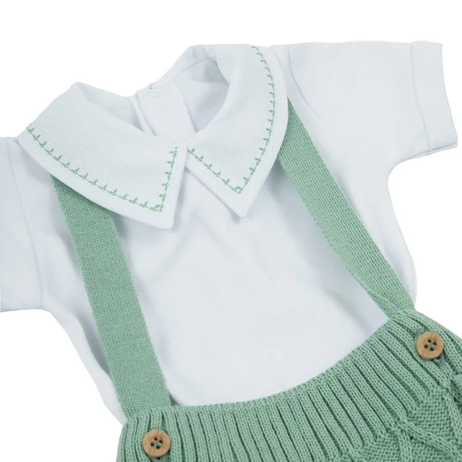 romper bento verde cidreira com tricot de losangos e body branco com bordado verde na gola polo
