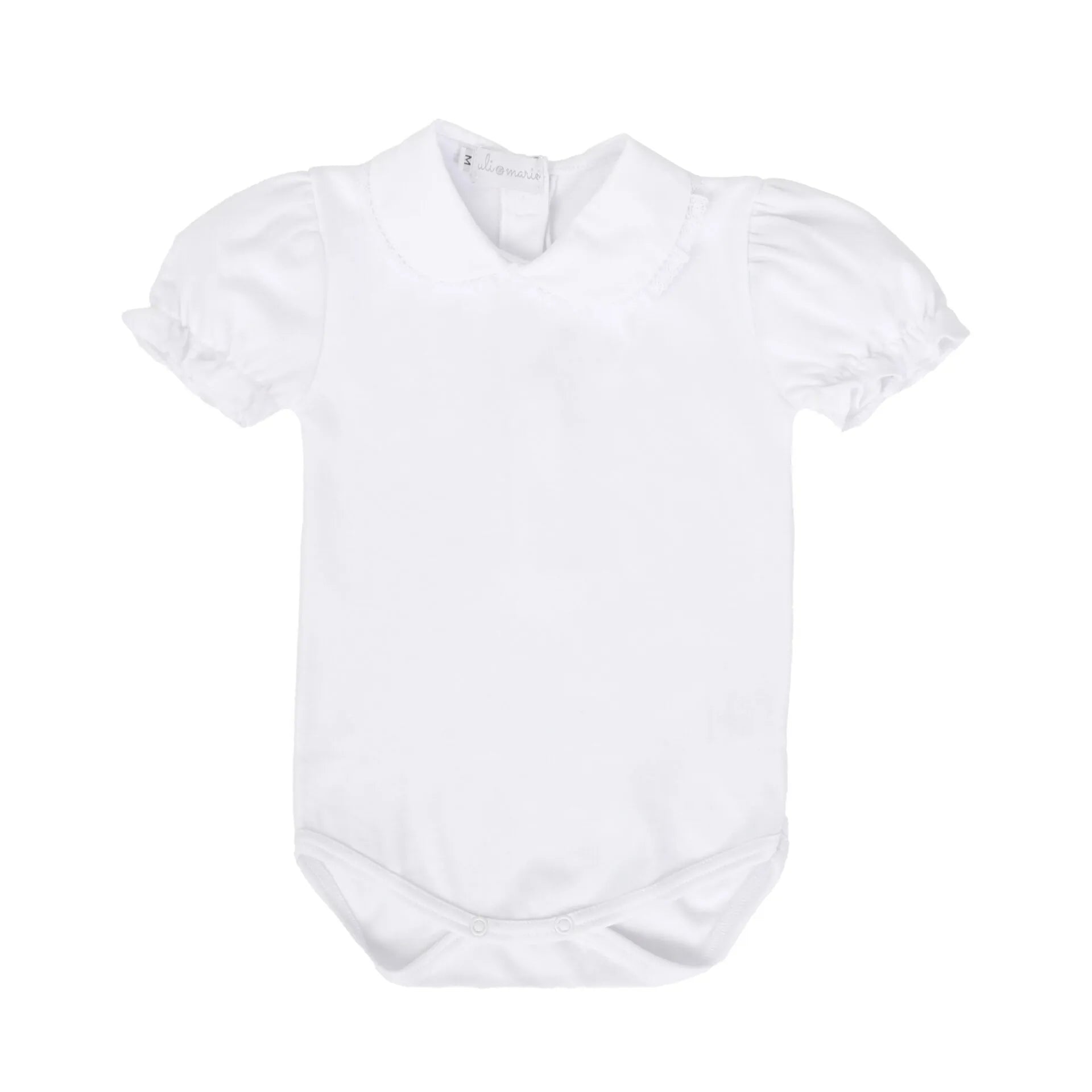 romper fru-fru amarelo bebê com body branco de gola peter pan e mangas bufantes, em tecido macio e confortável