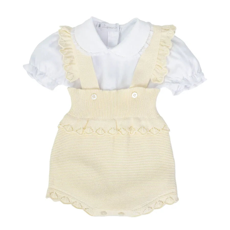 romper fru-fru amarelo bebê com body branco de gola peter pan e mangas bufantes, em tecido macio e confortável