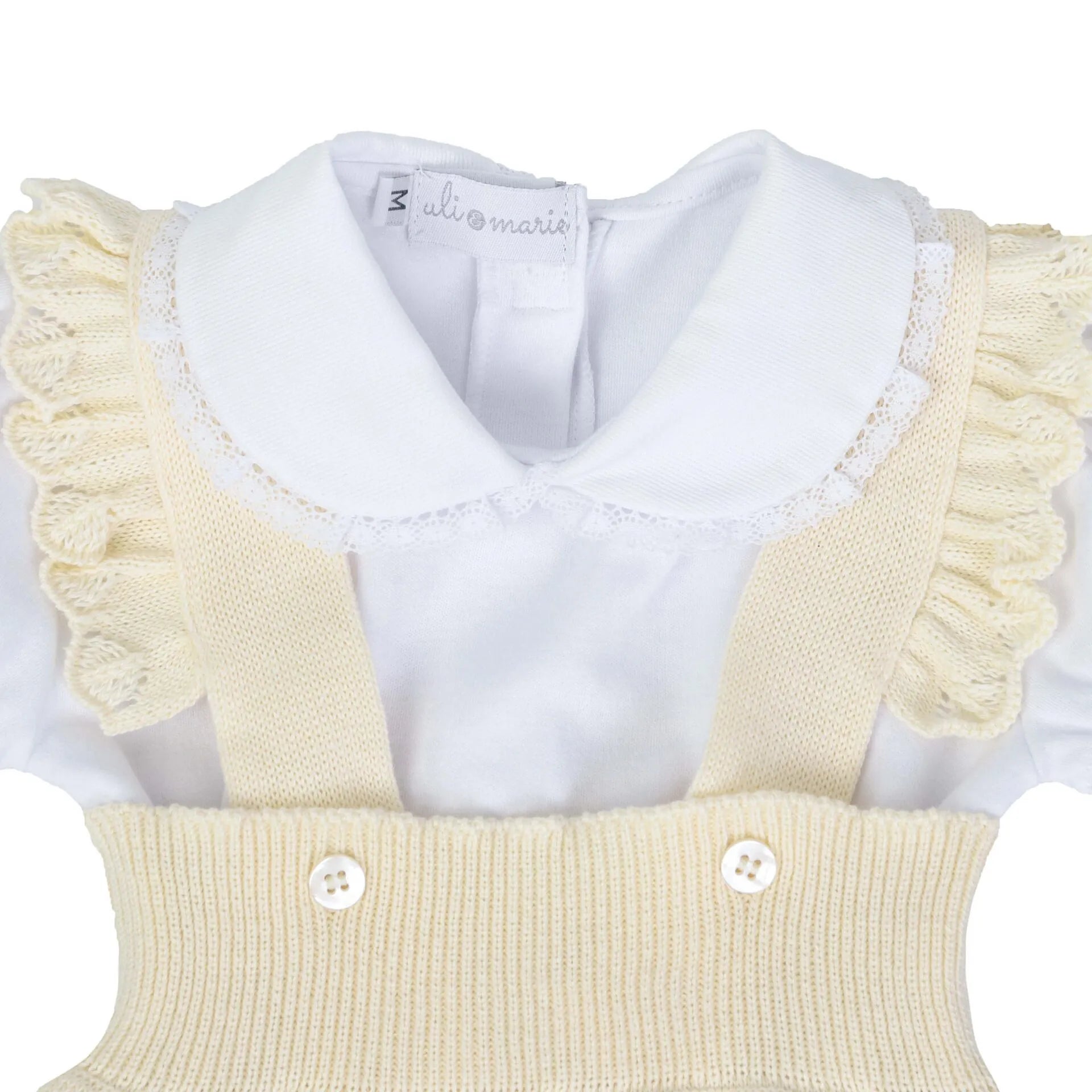 romper fru-fru amarelo bebê com body branco de gola peter pan e mangas bufantes, em tecido macio e confortável