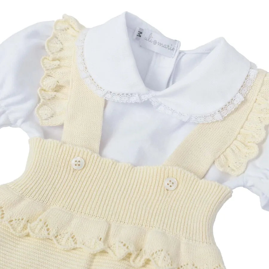 romper fru-fru amarelo bebê com body branco de gola peter pan e mangas bufantes, em tecido macio e confortável