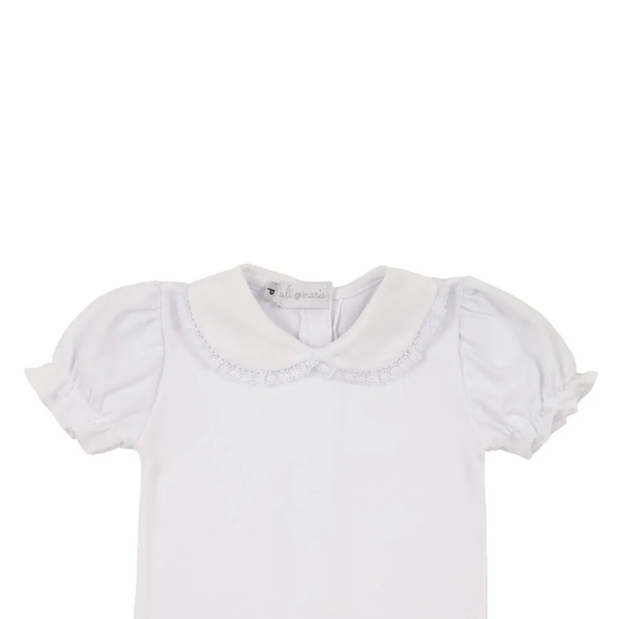romper malu rosa bebê de tricot com barrado de babado e body branco com gola de renda