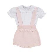 romper malu rosa bebê de tricot com barrado de babado e body branco com gola de renda