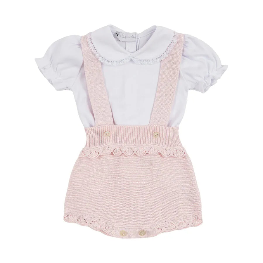 romper malu rosa bebê de tricot com barrado de babado e body branco com gola de renda