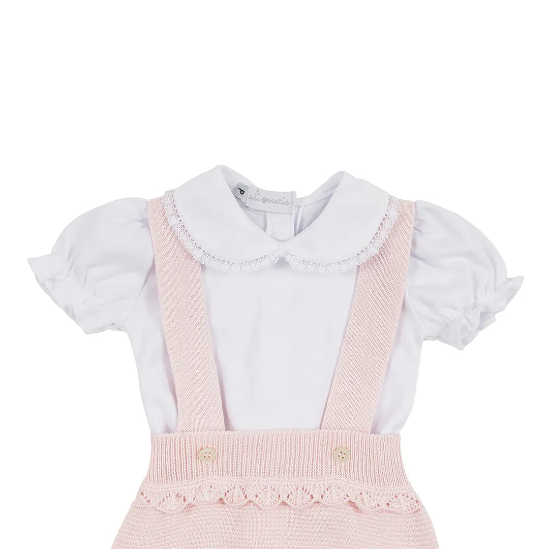 romper malu rosa bebê de tricot com barrado de babado e body branco com gola de renda