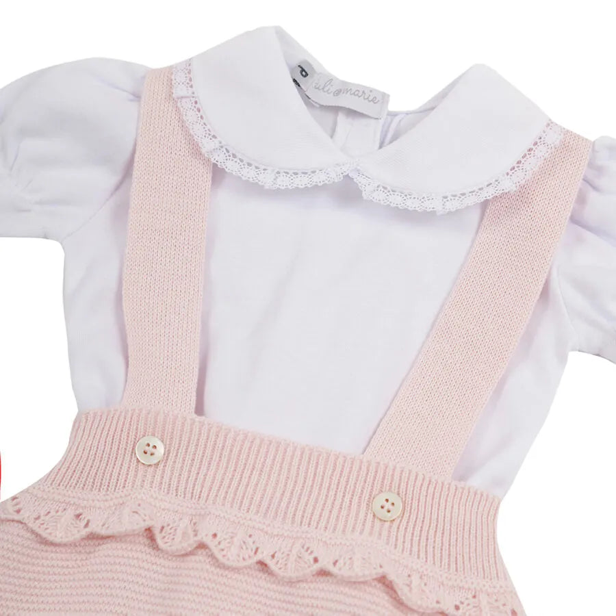 romper malu rosa bebê de tricot com barrado de babado e body branco com gola de renda