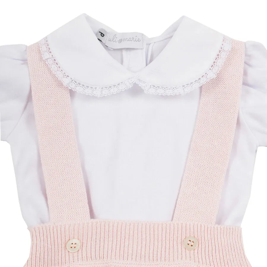 romper malu rosa bebê de tricot com barrado de babado e body branco com gola de renda