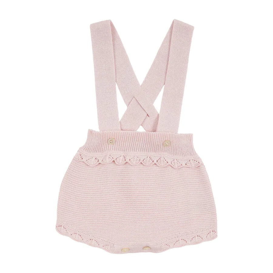 romper malu rosa bebê de tricot com barrado de babado e body branco com gola de renda
