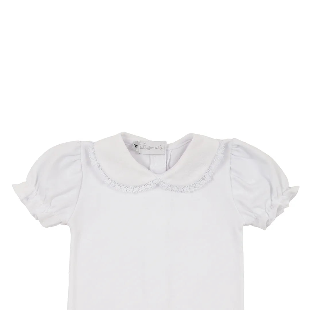 romper malu rosa bebê de tricot com barrado de babado e body branco personalizado com nome lis e flores