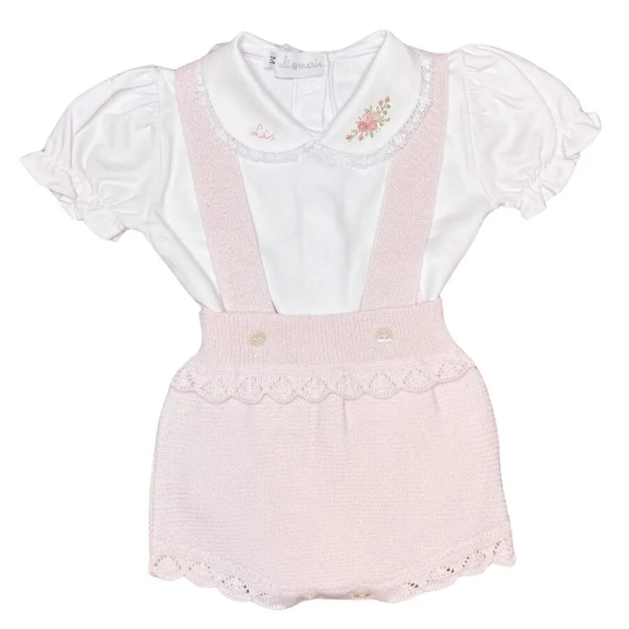 romper malu rosa bebê de tricot com barrado de babado e body branco personalizado com nome lis e flores