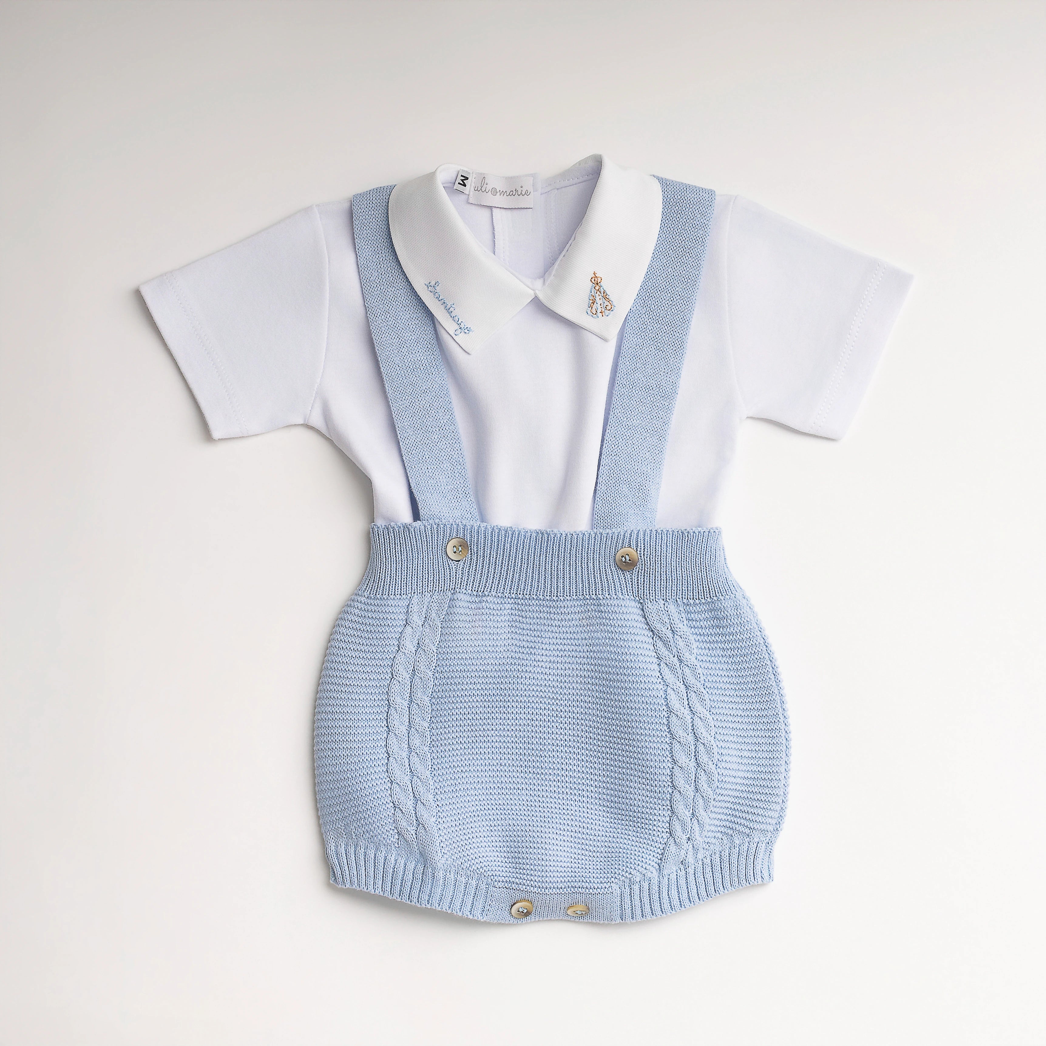 Romper Azul bebê com Body Nossa Senhora Aparecida personalizado- 2 peças