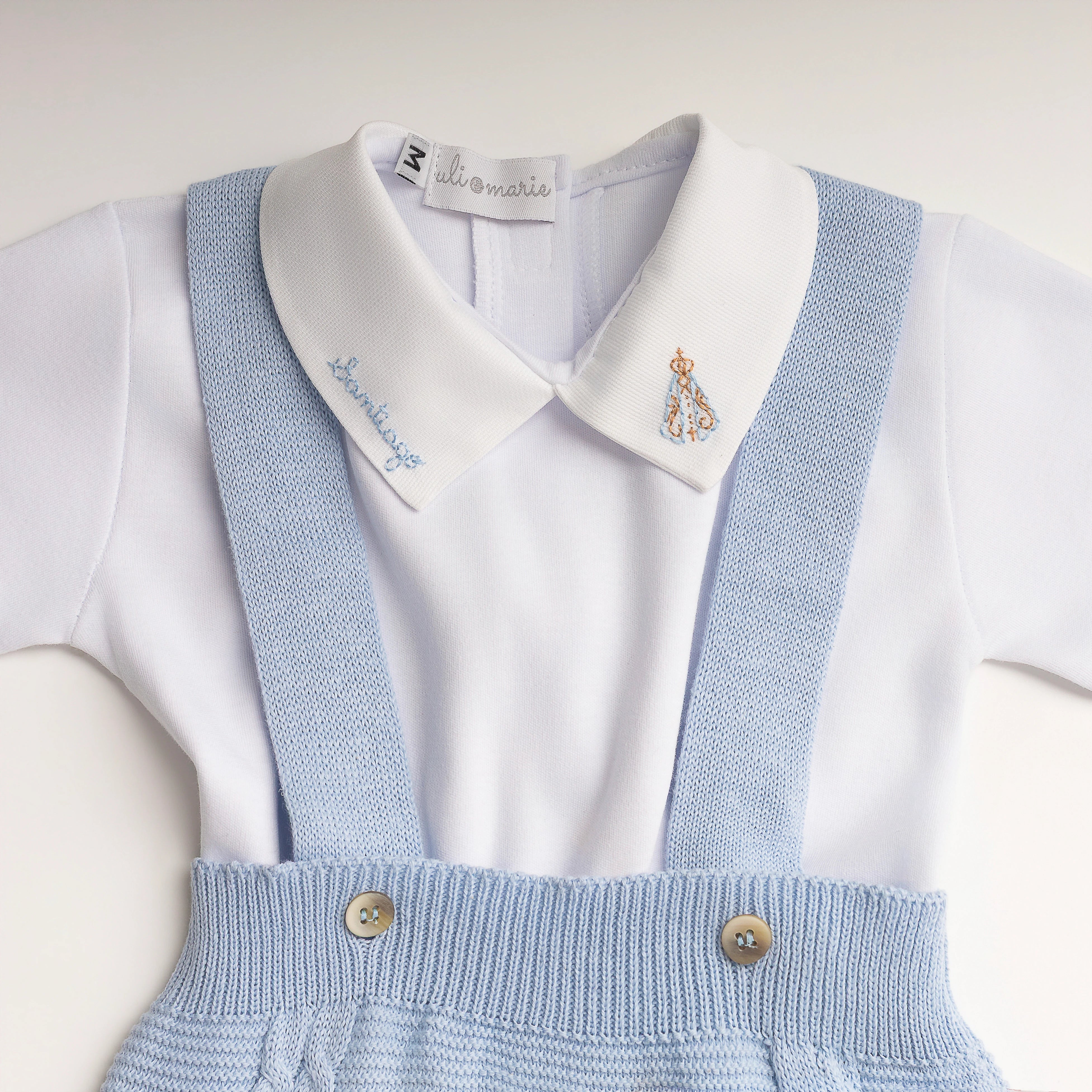 Romper Azul bebê com Body Nossa Senhora Aparecida personalizado- 2 peças