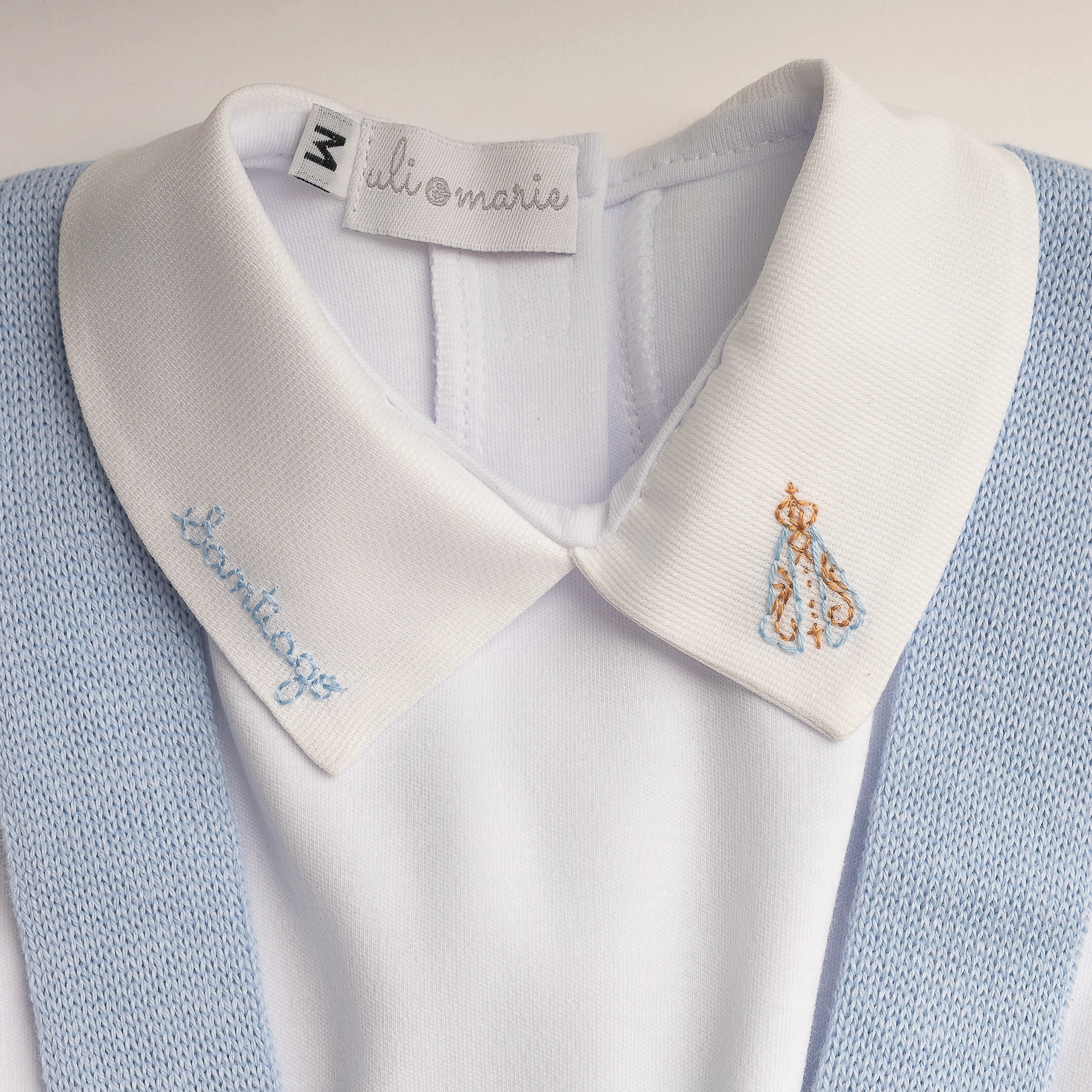 Romper Azul bebê com Body Nossa Senhora Aparecida personalizado- 2 peças