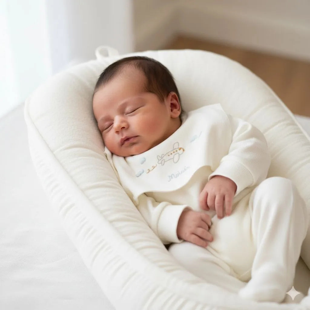 saída maternidade avião em tricot branco com bordado de avião e nome personalizado, gorro e manta combinando