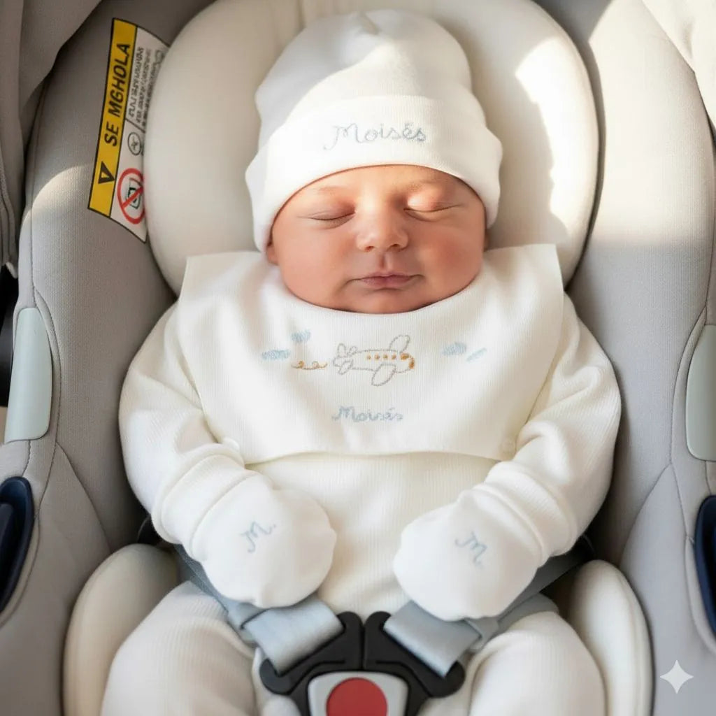 saída maternidade avião em tricot branco com bordado de avião e nome personalizado, gorro e manta combinando