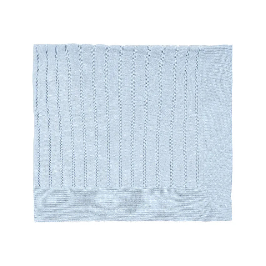 saída maternidade bambu azul bebê, com jardineira de tricot e botões de madrepérola e manta canelada