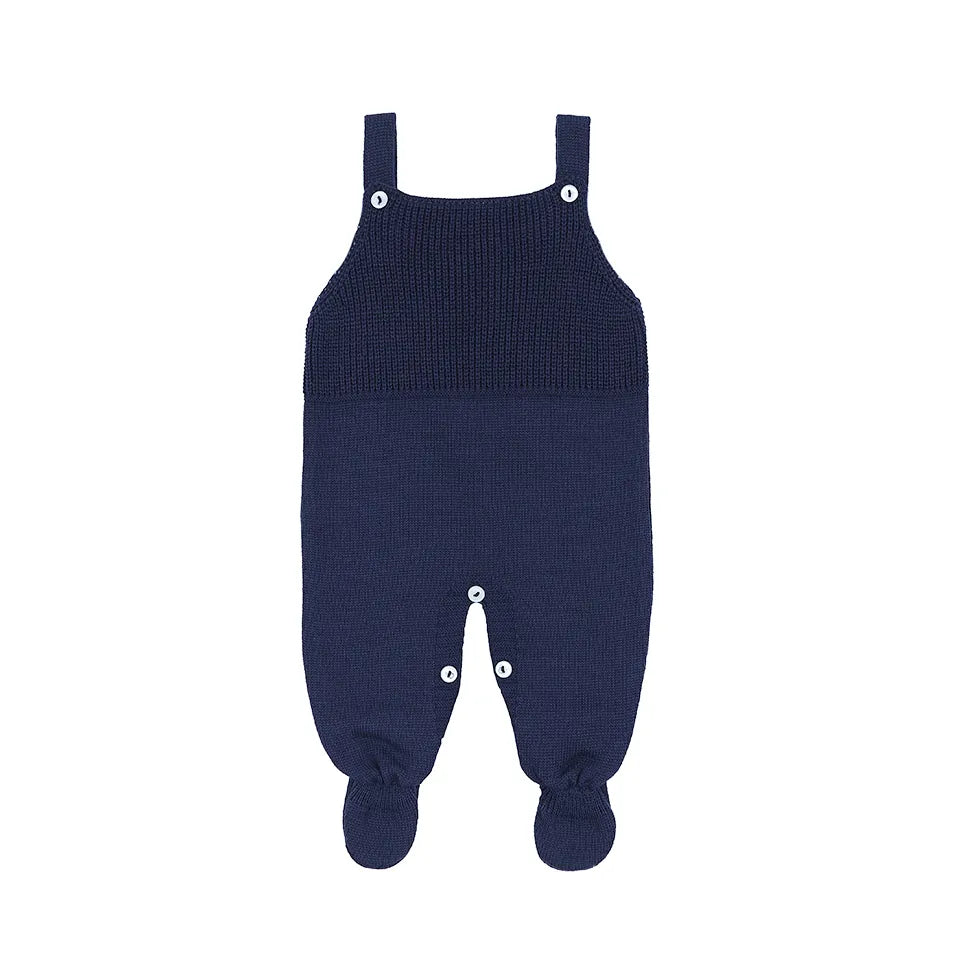 saída maternidade bambu azul marinho, jardineira de tricot com pés e manta com detalhe canelado