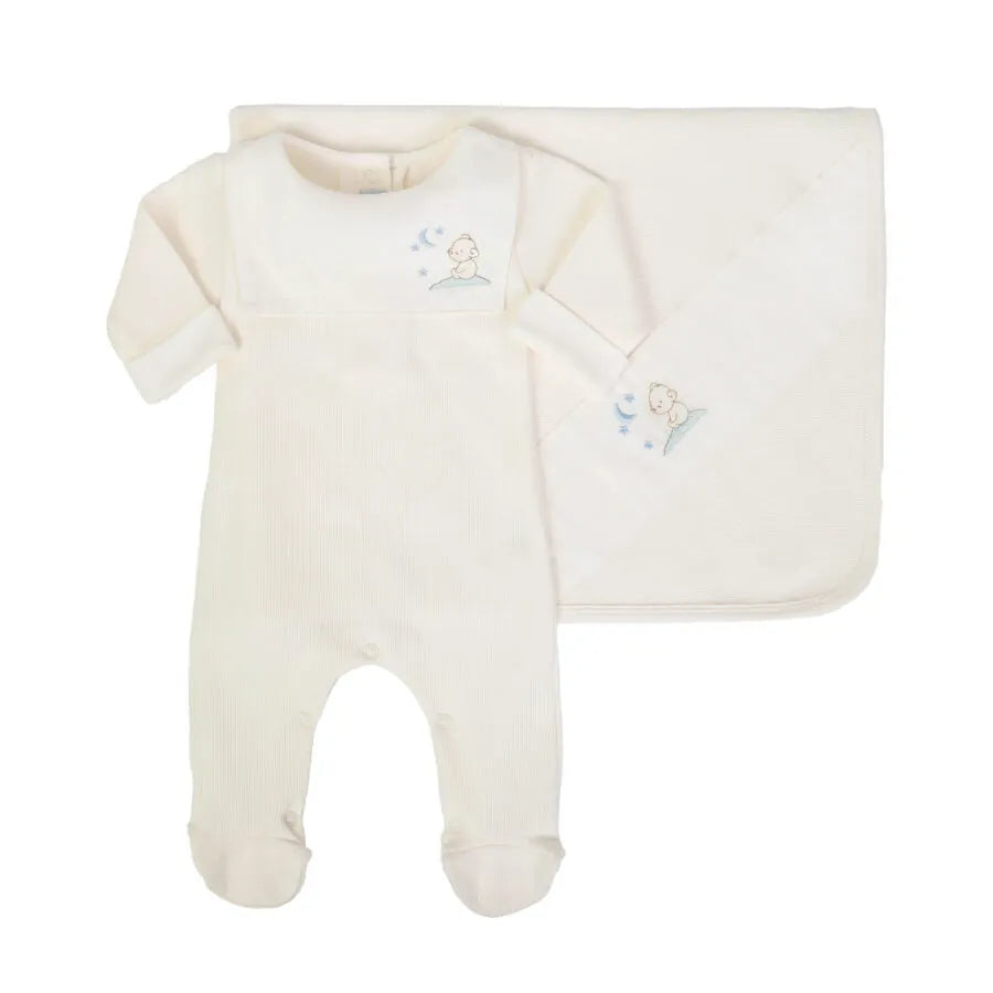 saída maternidade bons sonhos off-white com macacão e manta de tricot, pala bordada com ursinho e lua