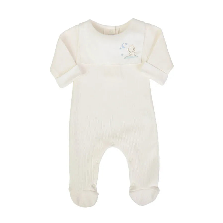 saída maternidade bons sonhos off-white com macacão e manta de tricot, pala bordada com ursinho e lua