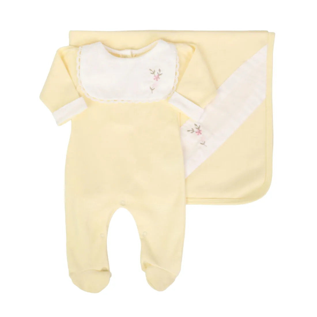 saída maternidade carol amarelo bebê com macacão e manta de tricot, pala branca bordada com flores delicadas