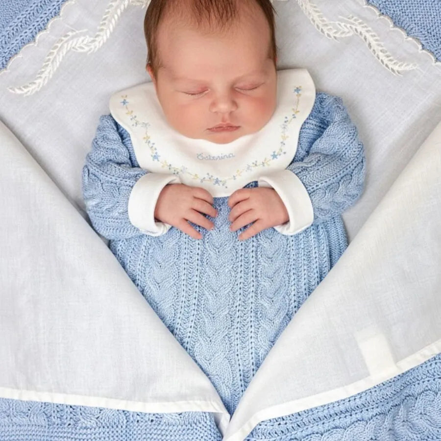 saída maternidade encanto azul bebê, macacão de tricot e body gola com bordados florais com manta