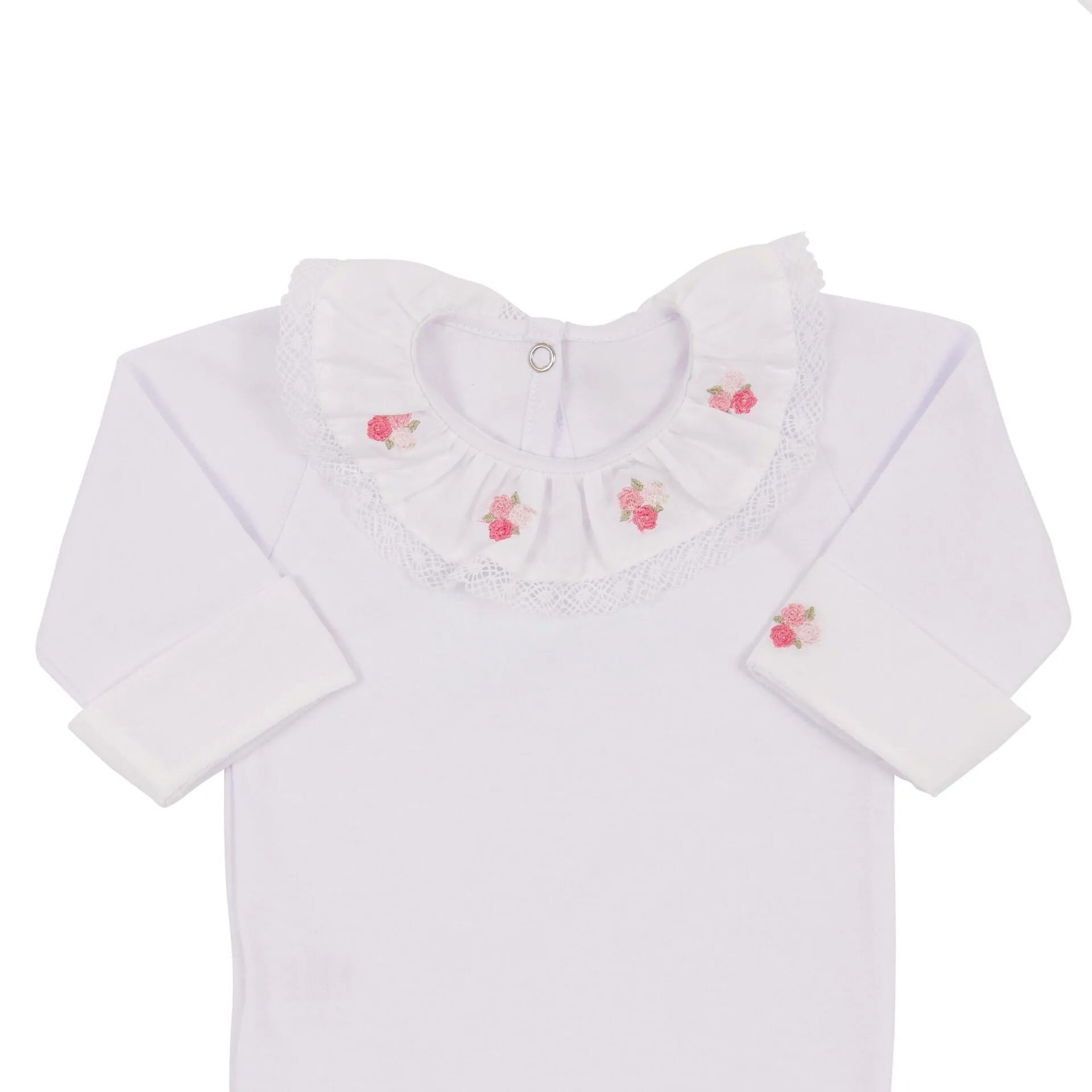 saída maternidade flores rosa claro com macacão de tricot, gola babado e detalhes de flores cor-de-rosa