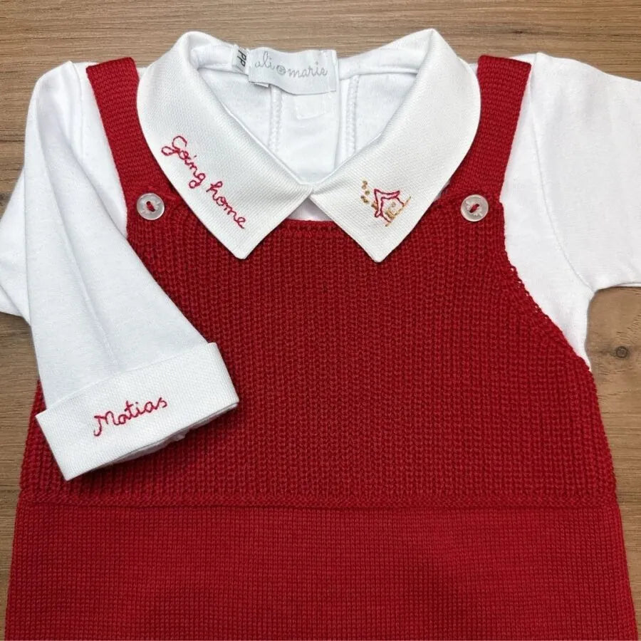 saída maternidade going home, jardineira de tricot vermelha e body branco com gola personalizada matias