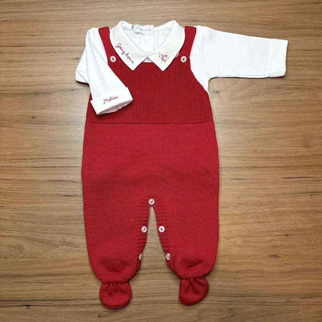 saída maternidade going home, jardineira de tricot vermelha e body branco com gola personalizada matias