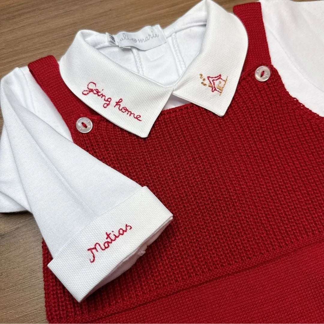 saída maternidade going home, jardineira de tricot vermelha e body branco com gola personalizada matias