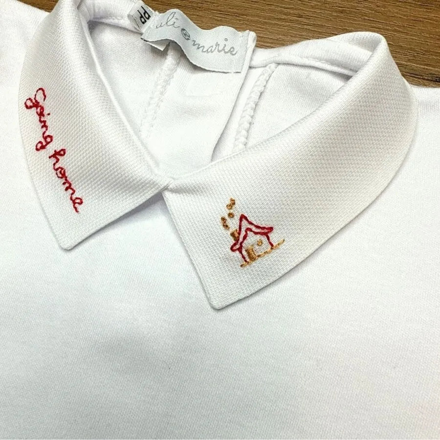 saída maternidade going home, jardineira de tricot vermelha e body branco com gola personalizada matias