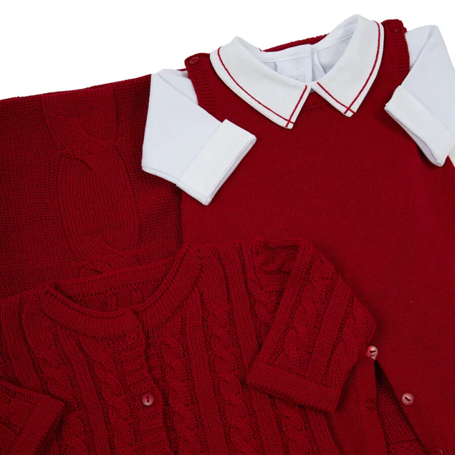 saída maternidade jorge vermelha, macacão, body e manta, com casaquinho em tricot de tranças