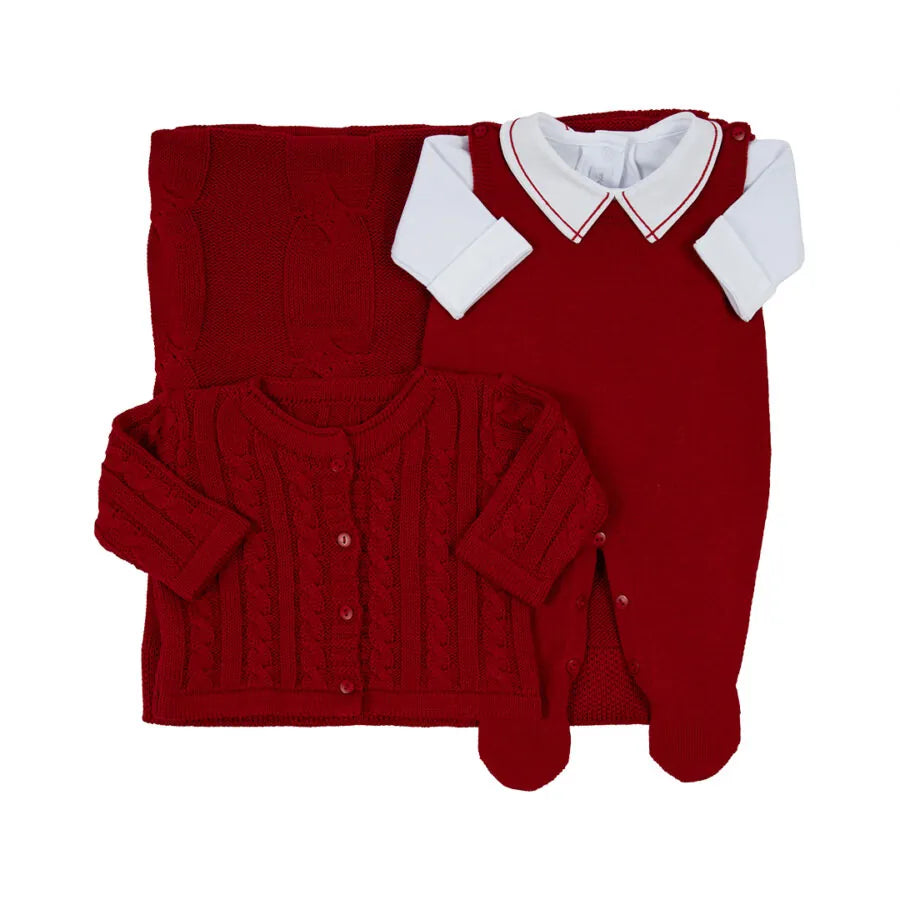 saída maternidade jorge vermelha, macacão, body e manta, com casaquinho em tricot de tranças