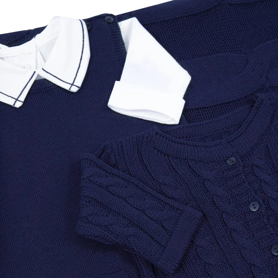 saída maternidade jorge marinho com macacão, body, manta e casaco de tricot com detalhe em tranças