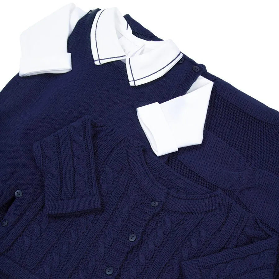 saída maternidade jorge marinho com macacão, body, manta e casaco de tricot com detalhe em tranças