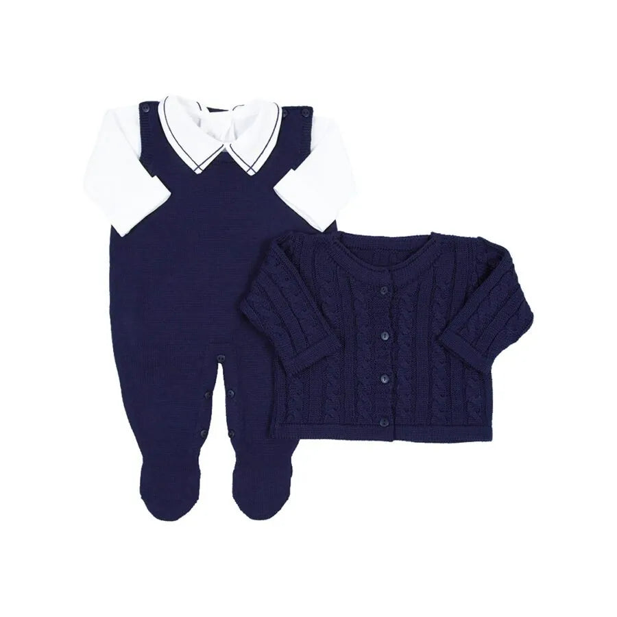 saída maternidade jorge marinho com macacão, body, manta e casaco de tricot com detalhe em tranças