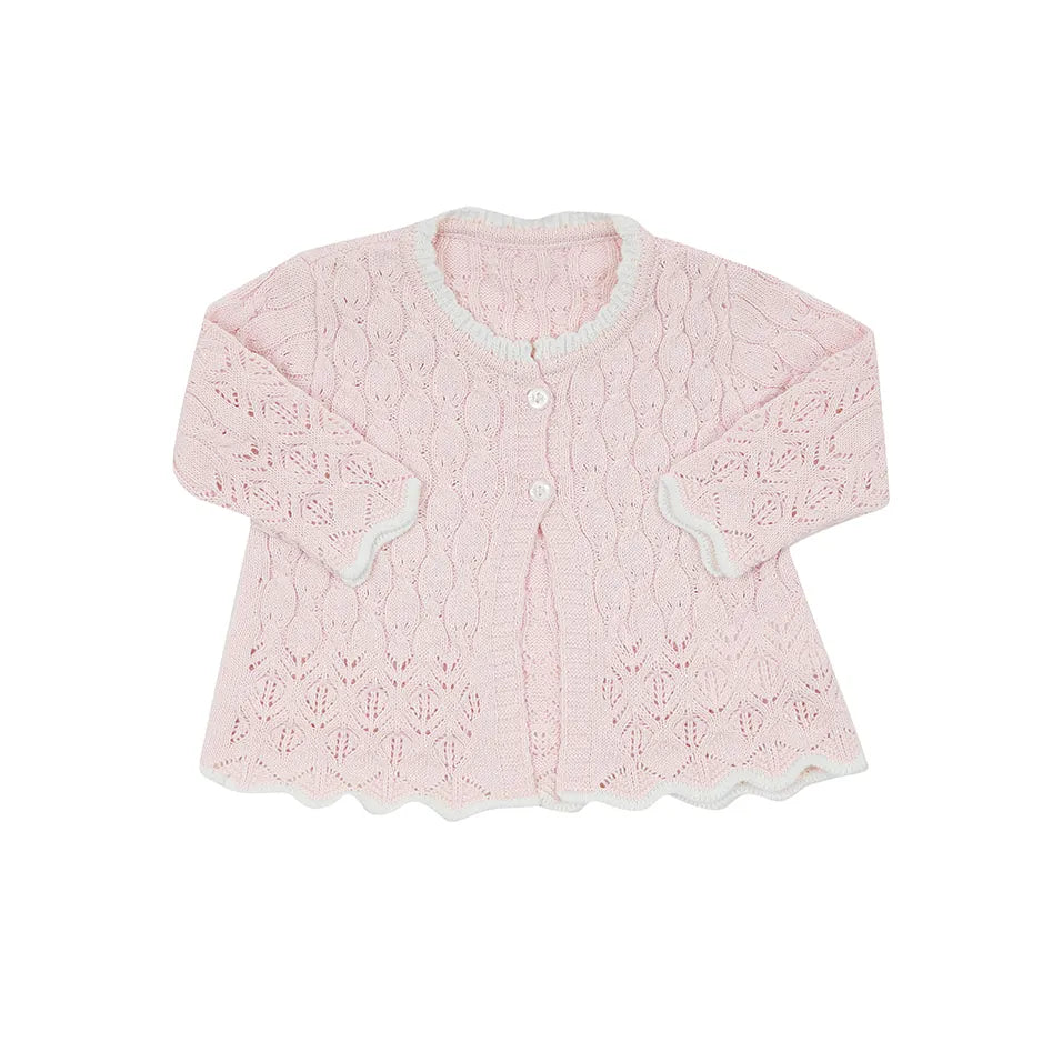 saída maternidade julieta rosa bebê com macacão, casaquinho rendado, manta de tricot e body gola bordada