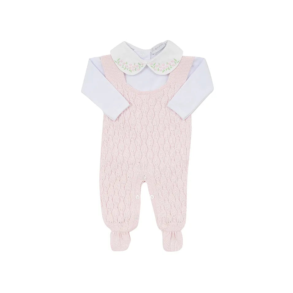 saída maternidade julieta rosa bebê com macacão, casaquinho rendado, manta de tricot e body gola bordada