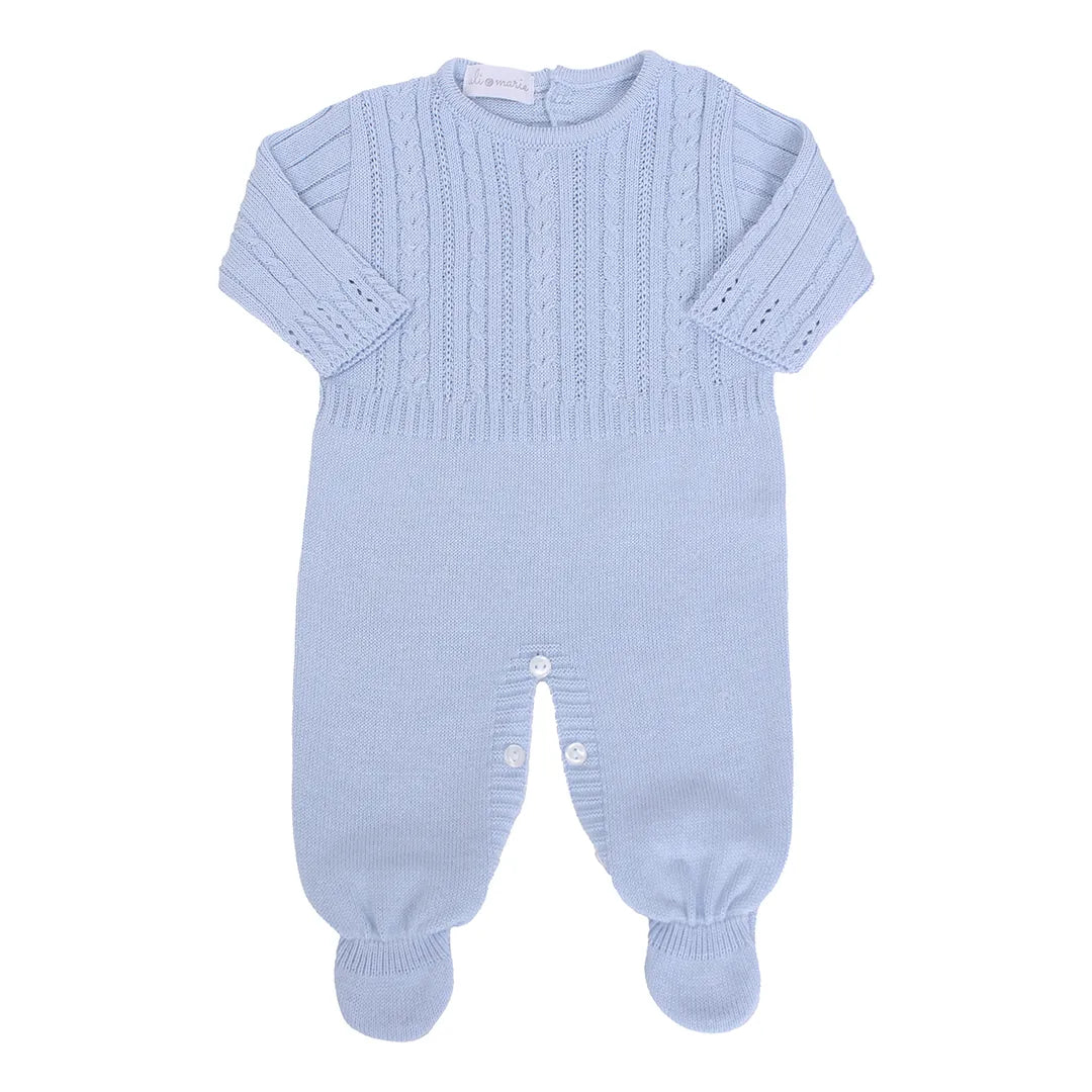 saída maternidade lisboa azul bebê, macacão de tricot com manga longa e gola redonda sobre manta