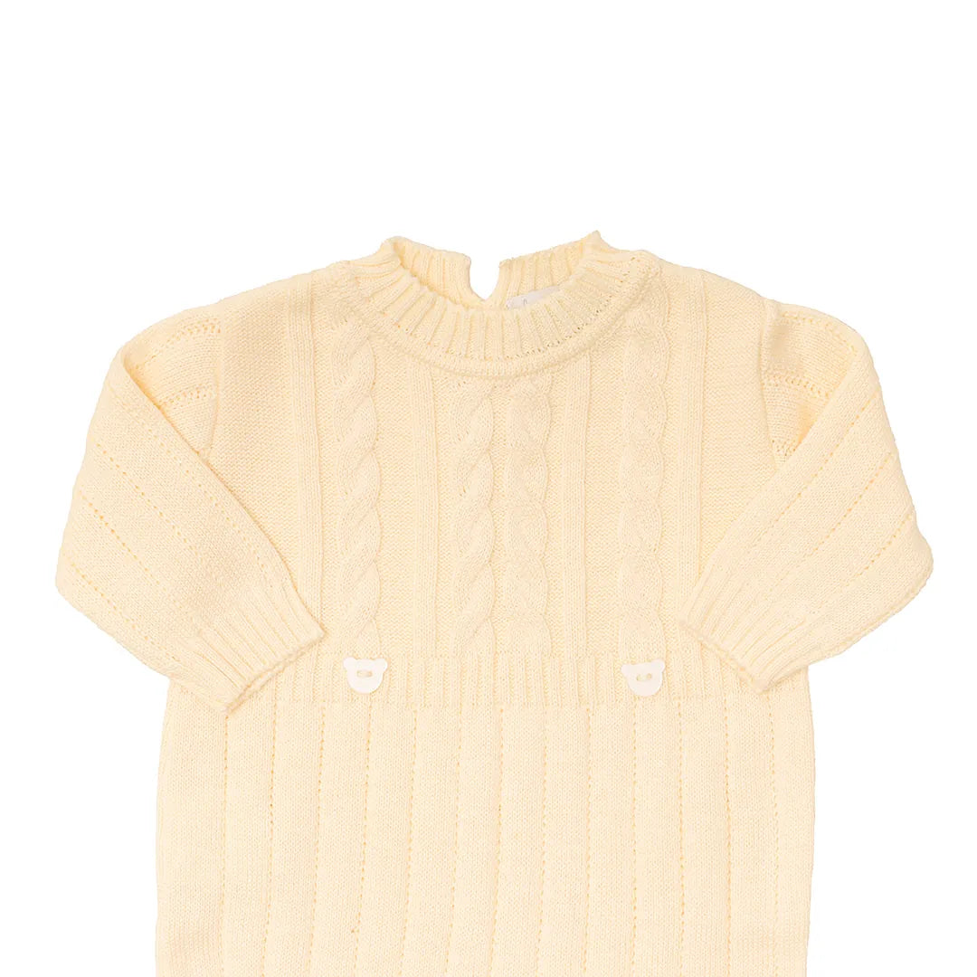 saída maternidade lorenzo amarelo bebê com macacão e manta de tricot, detalhes em ponto trançado clássico