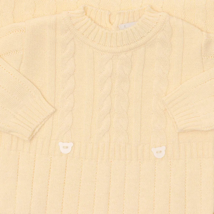 saída maternidade lorenzo amarelo bebê com macacão e manta de tricot, detalhes em ponto trançado clássico