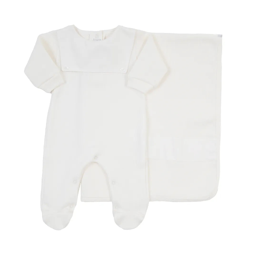 saída maternidade luiz offwhite em malha lisa, com macacão de manga longa, pala quadrada e manta combinando