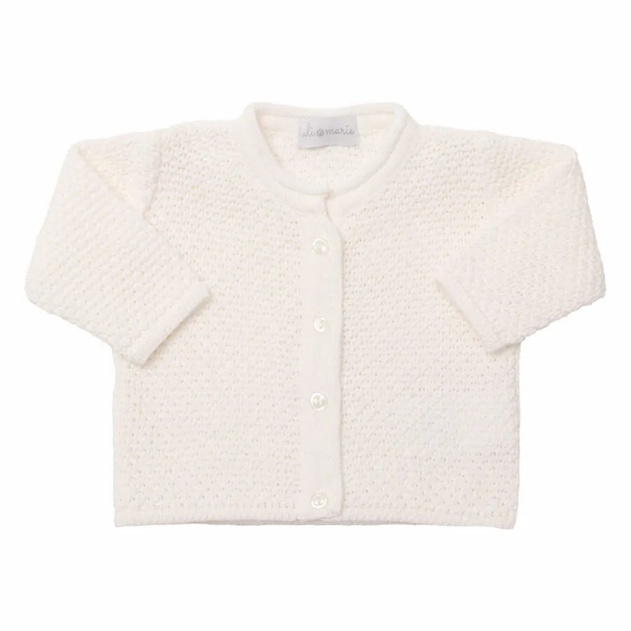 saída maternidade pipoca branca de três peças: macacão, casaquinho texturizado e manta com barra canelada