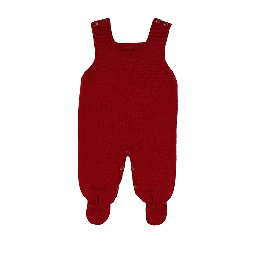 saída maternidade pipoca vermelha, com macacão, casaquinho texturizado em tricot e manta canelada