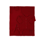 saída maternidade pipoca vermelha, com macacão, casaquinho texturizado em tricot e manta canelada